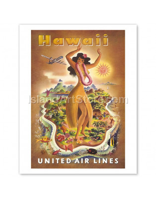 Affiche Hawaii Vintage United Airlines Hula Dancer